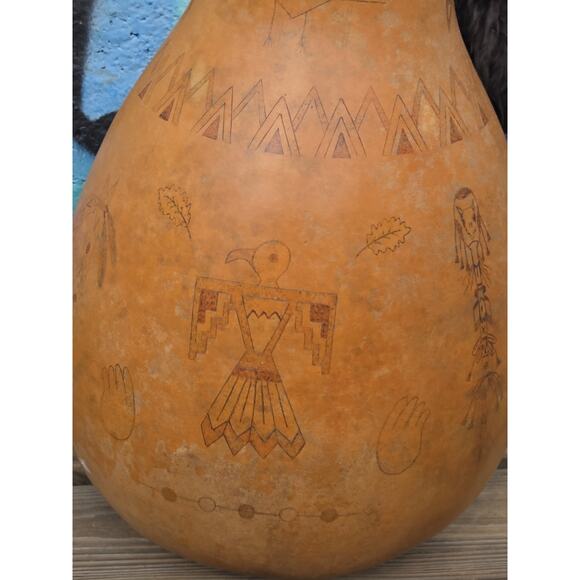 Native American Hand Etched Gourd Signed Southwest Art Design 1988 15"x8½" EUC - Picture 9 of 16